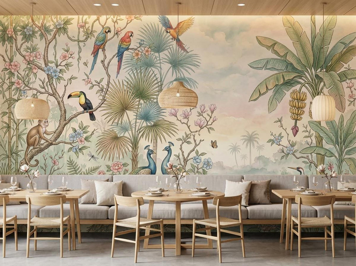 The tropical wall mural featuring exotic birds and banana trees shown behind multiple wooden dining tables and woven pendant lights.