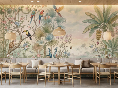 The tropical wall mural featuring exotic birds and banana trees shown behind multiple wooden dining tables and woven pendant lights.