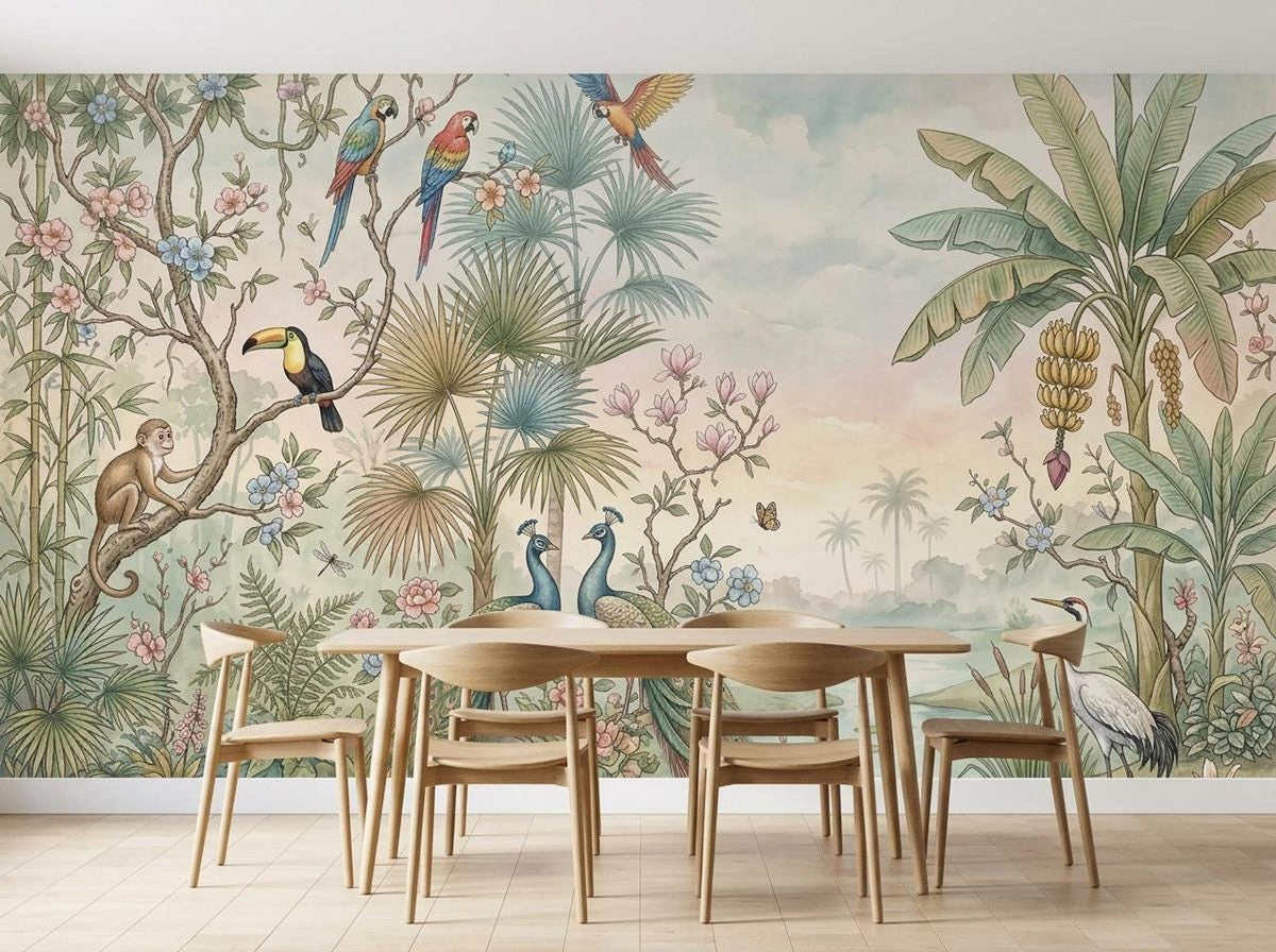 The jungle wallpaper mural as the backdrop for a dining table set with wooden chairs on a light wood floor.