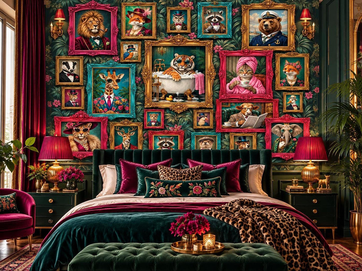 A bedroom features a bed with dark green and magenta bedding, a tufted green bench at the foot, and a gallery wall of framed animal portraits against dark botanical wallpaper.