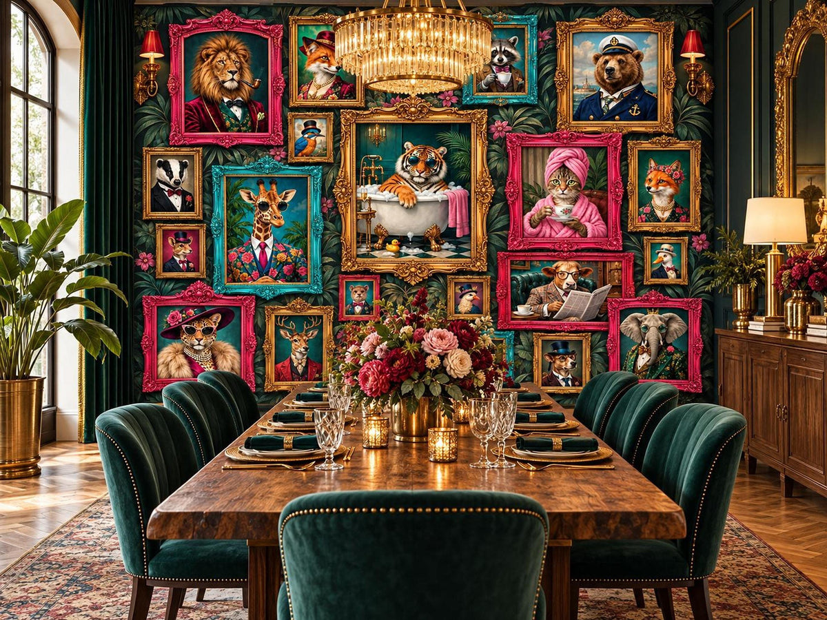 A dining room centers around a long wooden table surrounded by green velvet chairs, backed by a gallery wall of framed animal portraits on dark botanical wallpaper.
