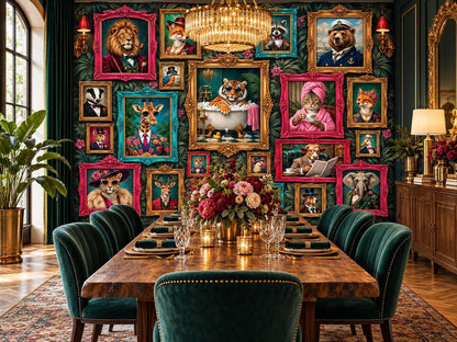 A dining room centers around a long wooden table surrounded by green velvet chairs, backed by a gallery wall of framed animal portraits on dark botanical wallpaper.