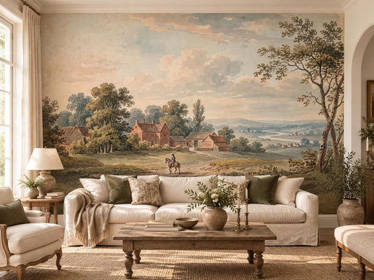A large landscape wall mural depicting an English countryside with rustic buildings, trees, and a person on horseback, installed behind a white sofa.