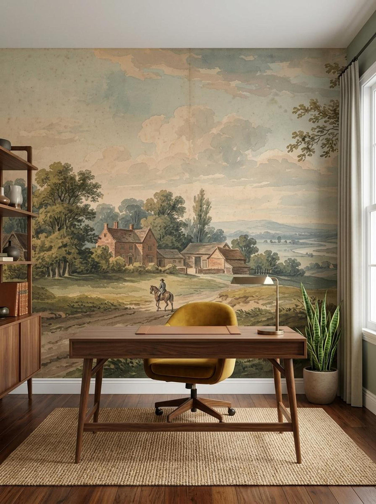 A home office setup featuring a wooden desk and yellow chair in front of an antique countryside oil painting style wall mural.