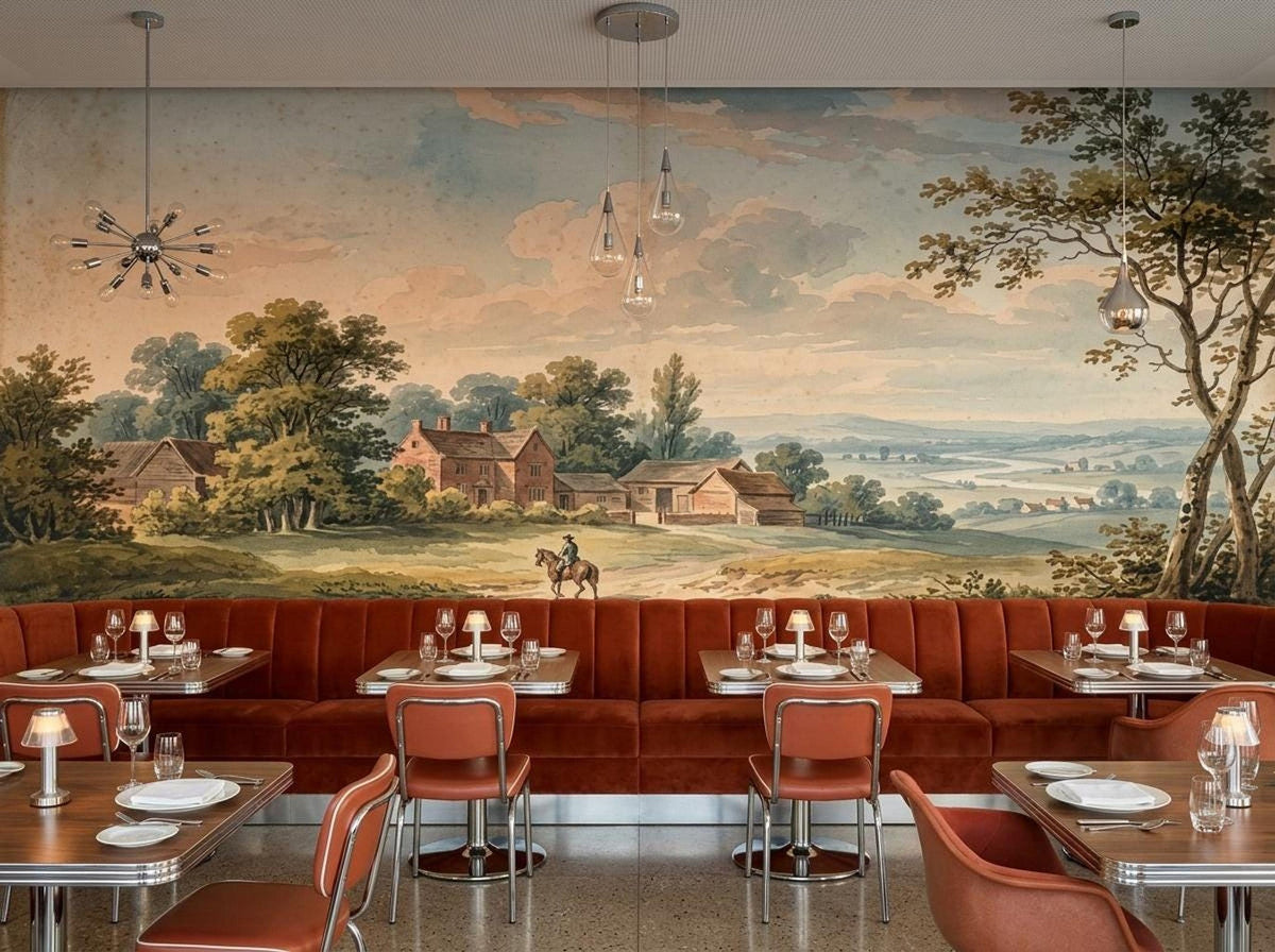 A restaurant interior with red tufted booth seating and wooden tables set below a scenic landscape wall mural.