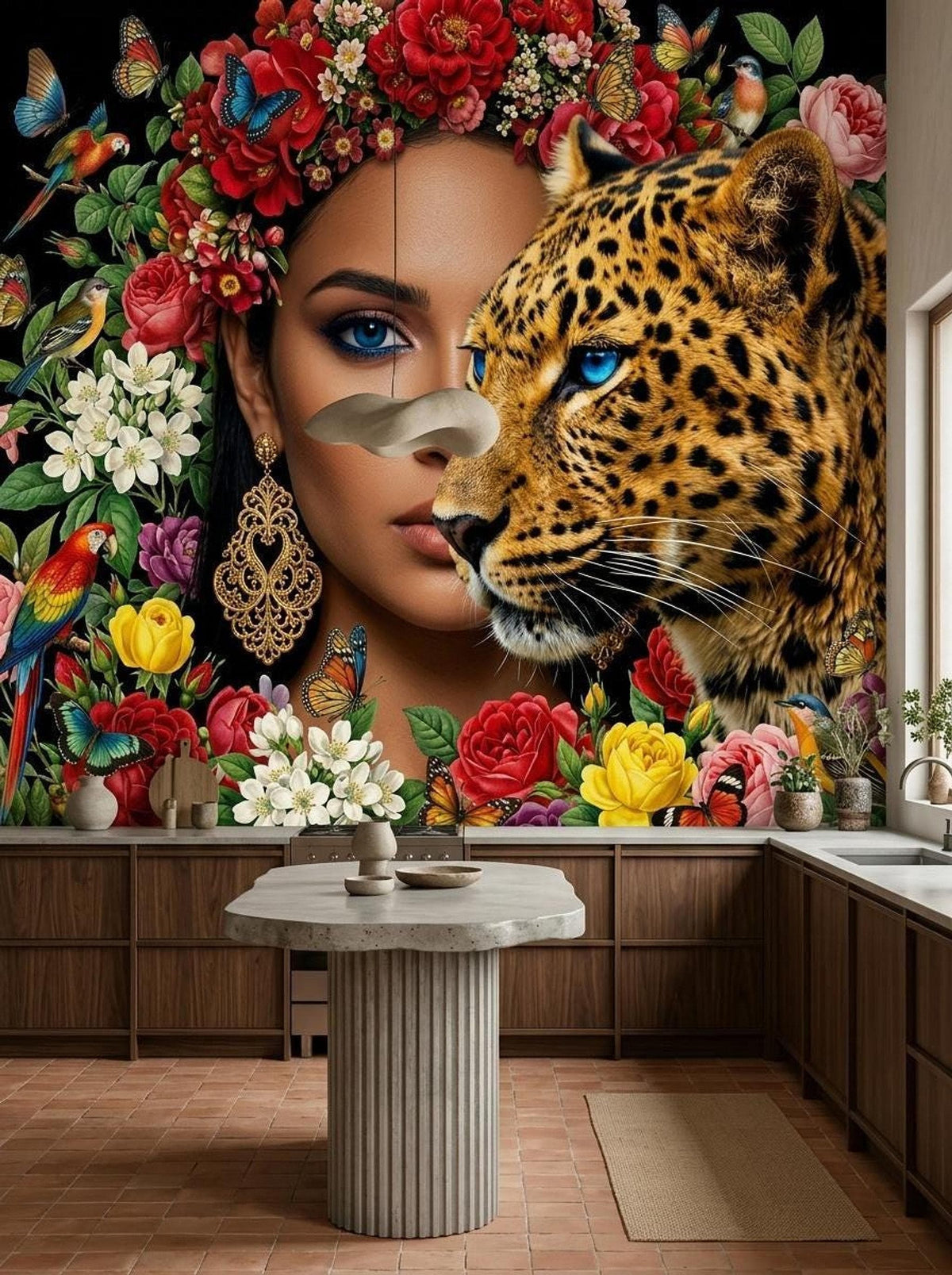 The floral leopard goddess wall mural on a kitchen wall behind wooden lower cabinets and a stone island.