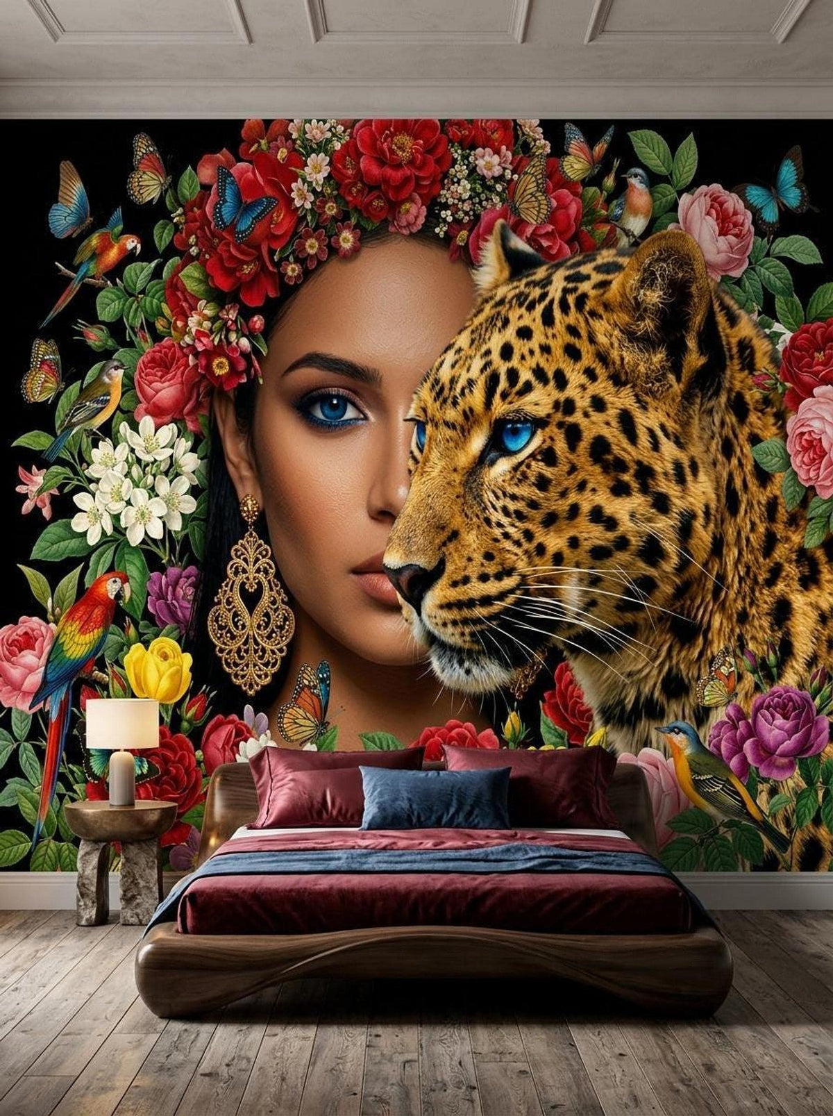 A maximalist floral leopard wall mural featuring a woman with blue eyes and a leopard in front of a dark tropical jungle backdrop behind a wooden bed.