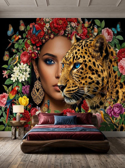 A maximalist floral leopard wall mural featuring a woman with blue eyes and a leopard in front of a dark tropical jungle backdrop behind a wooden bed.