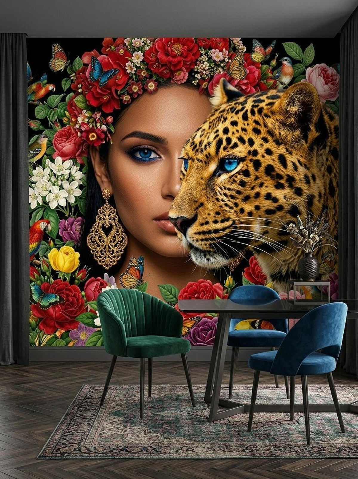 The tropical jungle wall mural in a dining room featuring a dark wood table, a green velvet chair, and a blue velvet chair.
