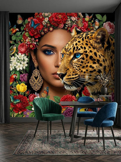 The tropical jungle wall mural in a dining room featuring a dark wood table, a green velvet chair, and a blue velvet chair.