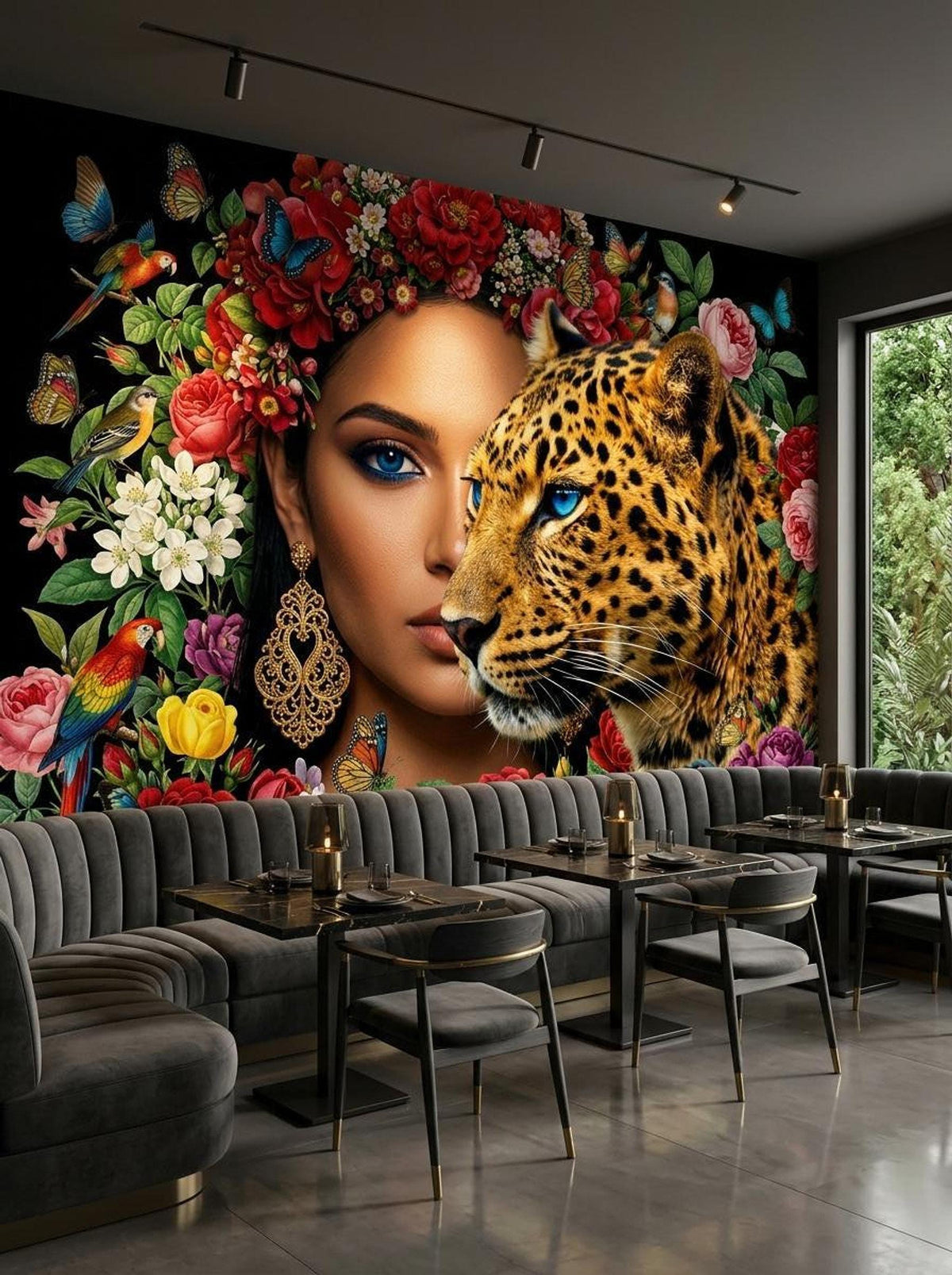 The exotic floral mural in a dimly lit lounge with dark gray velvet banquette seating and small dining tables.
