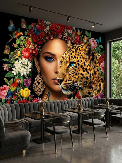 The exotic floral mural in a dimly lit lounge with dark gray velvet banquette seating and small dining tables.
