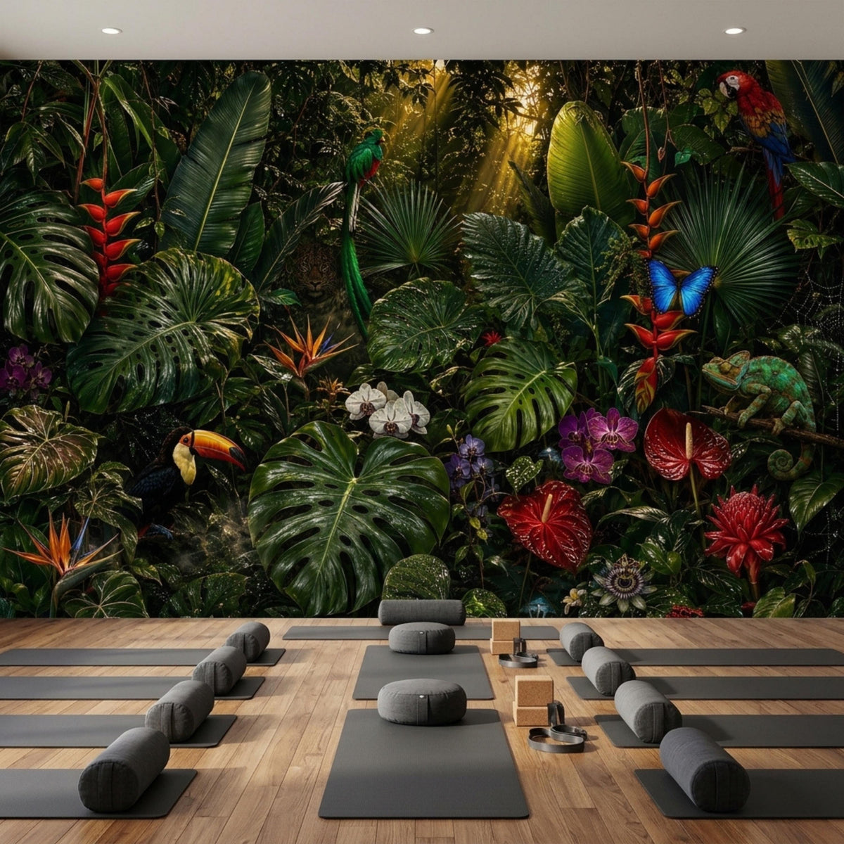A room with a dark tropical rainforest mural and multiple grey yoga mats on a wooden floor.