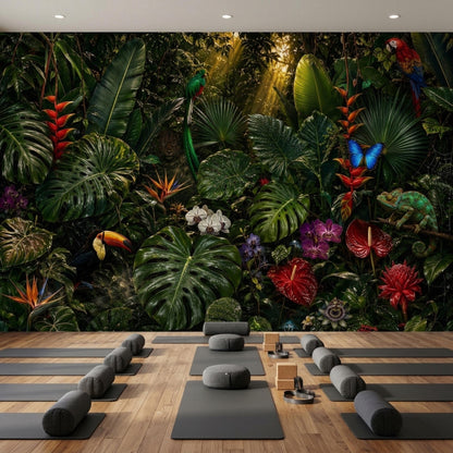 A room with a dark tropical rainforest mural and multiple grey yoga mats on a wooden floor.
