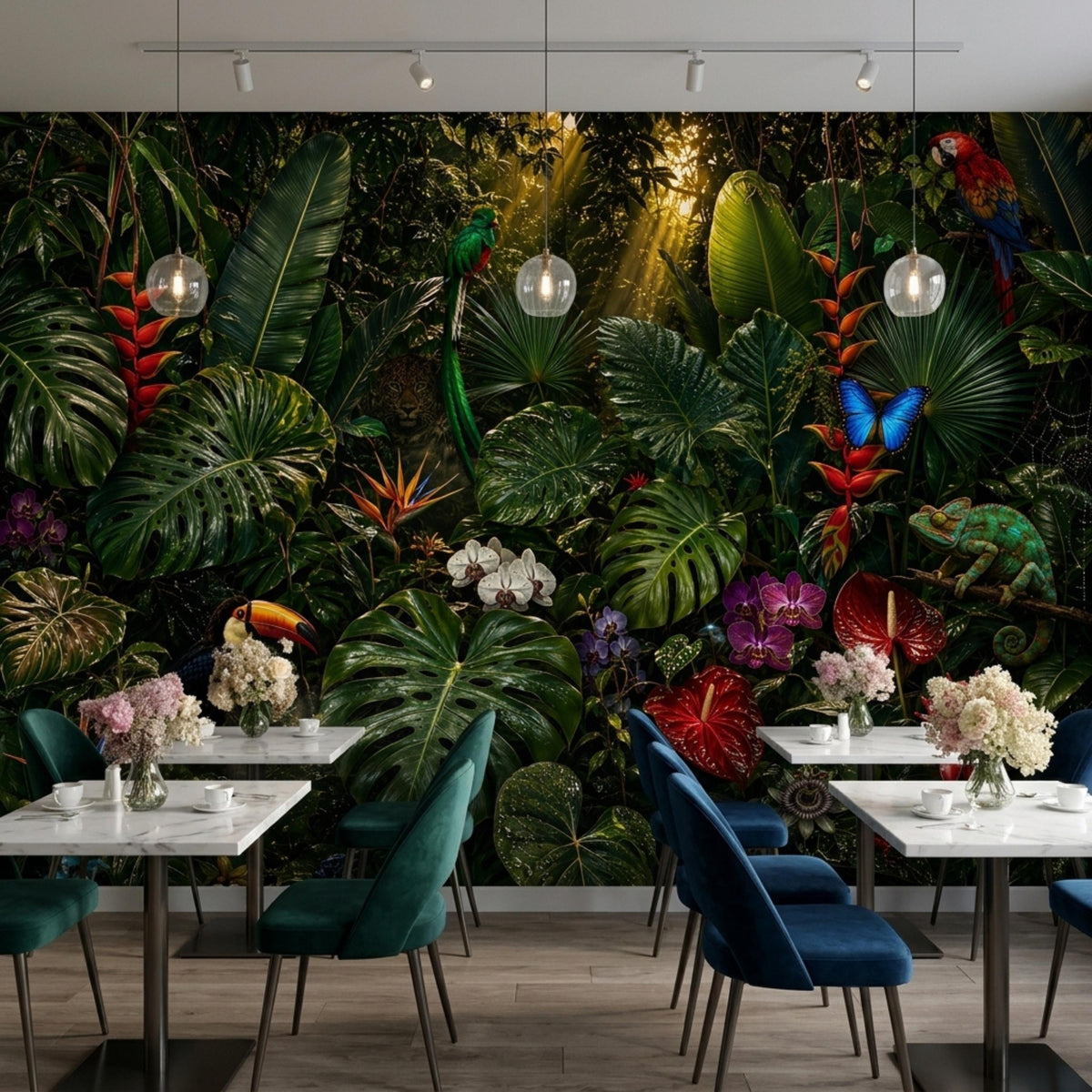 A dining area with a dark tropical rainforest wall mural, white tables, and green chairs.