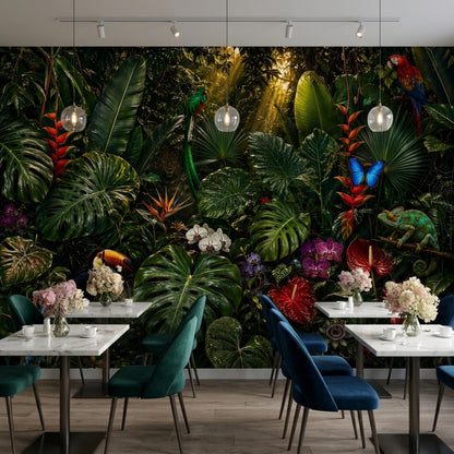 A dining area with a dark tropical rainforest wall mural, white tables, and green chairs.