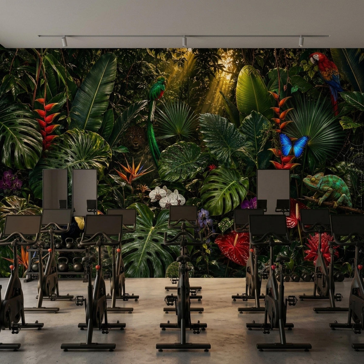 A room with black exercise bikes positioned in front of a dark tropical rainforest mural.