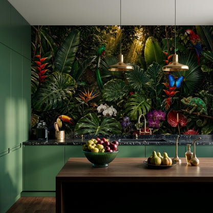 A kitchen with green cabinets and a dark tropical rainforest mural on the wall.