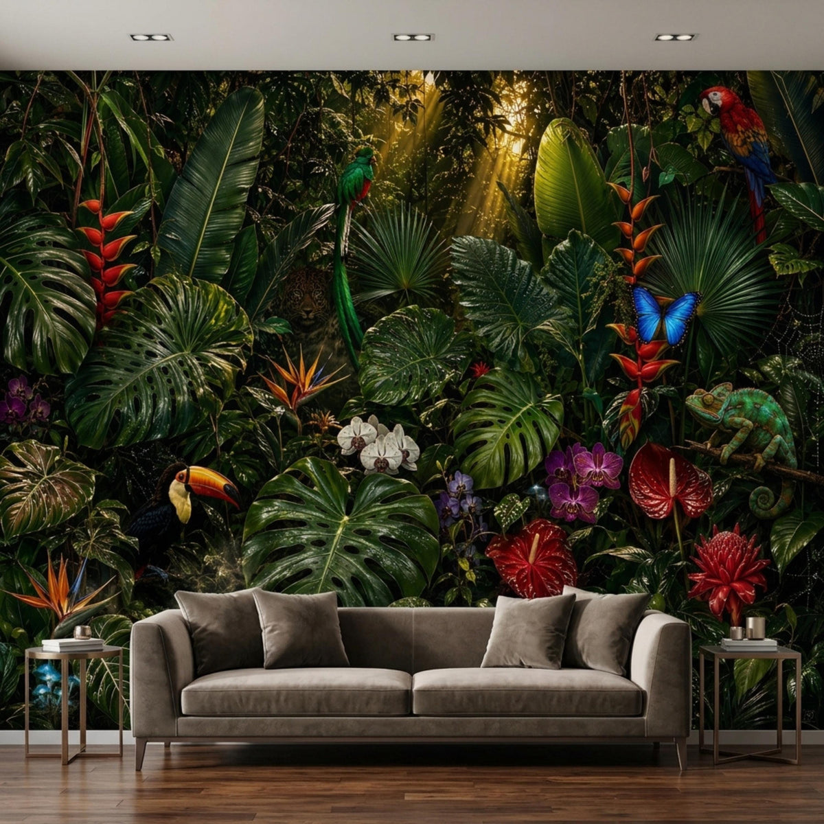 A large jungle-themed wall mural featuring lush green leaves, tropical flowers, a toucan, a parrot, and a chameleon behind a gray sofa on a wooden floor.
