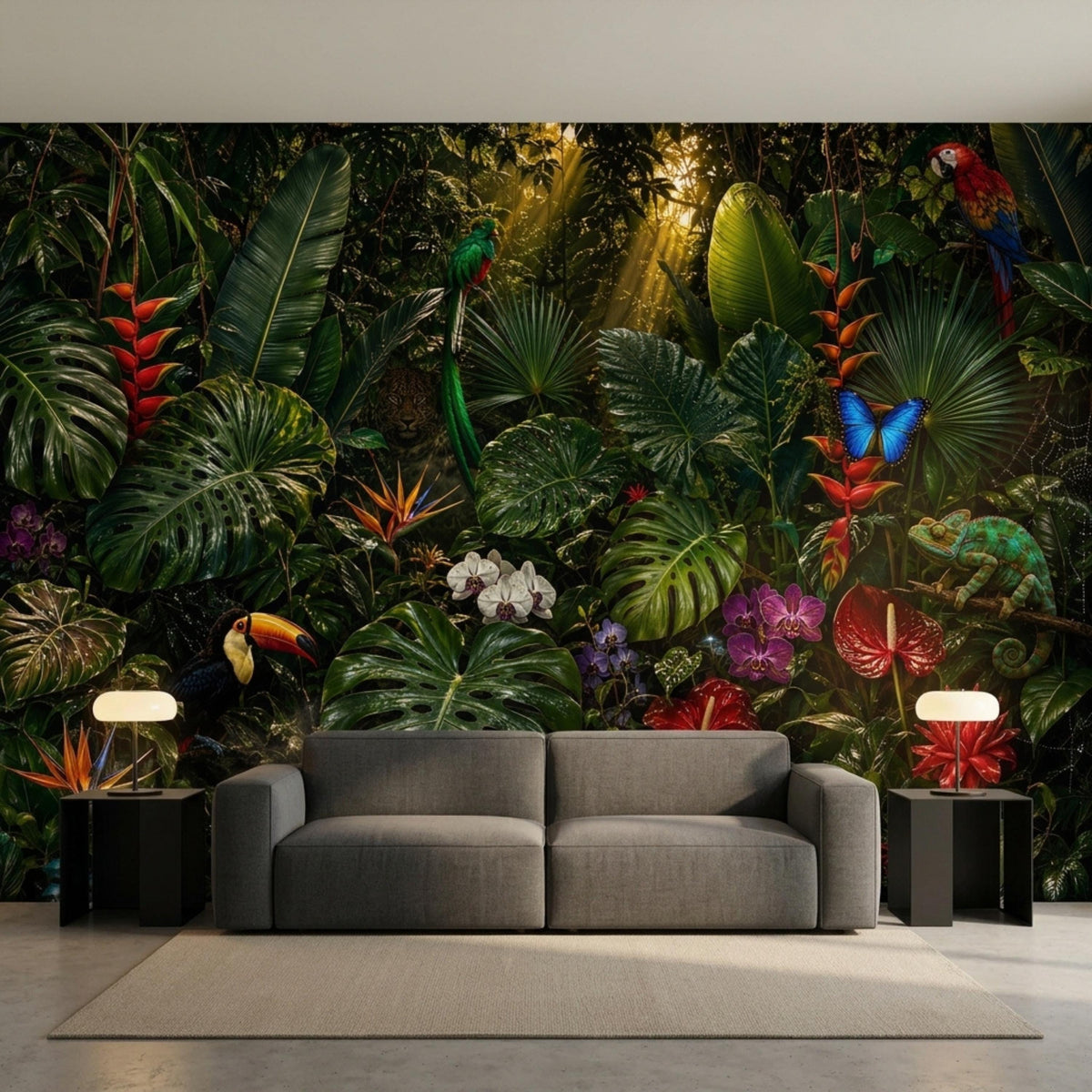 The same tropical jungle wall mural behind a gray sofa on a light rug, flanked by two black side tables with lamps.