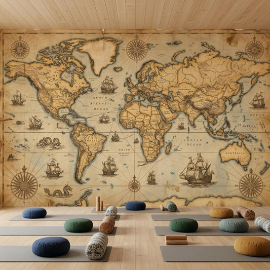 A gym floor with yoga mats and cushions is set against a large vintage world map wall mural.