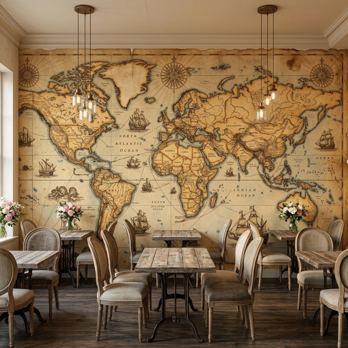 Restaurant dining tables and chairs are arranged in front of a large vintage world map accent wall.