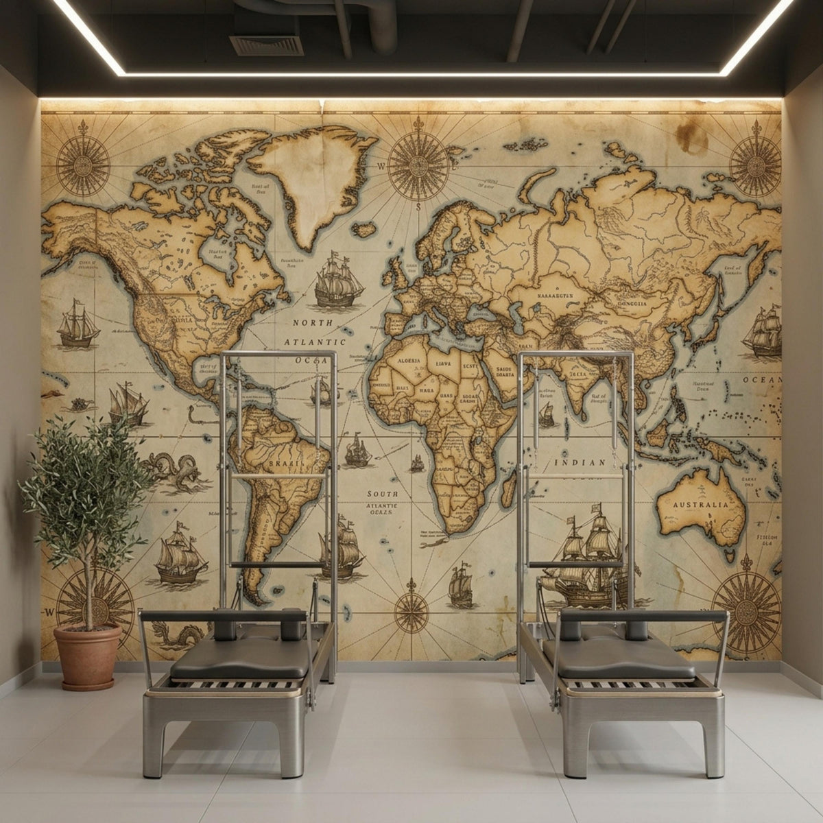 Two reformer Pilates machines sit on a white tile floor in front of a large vintage world map mural.