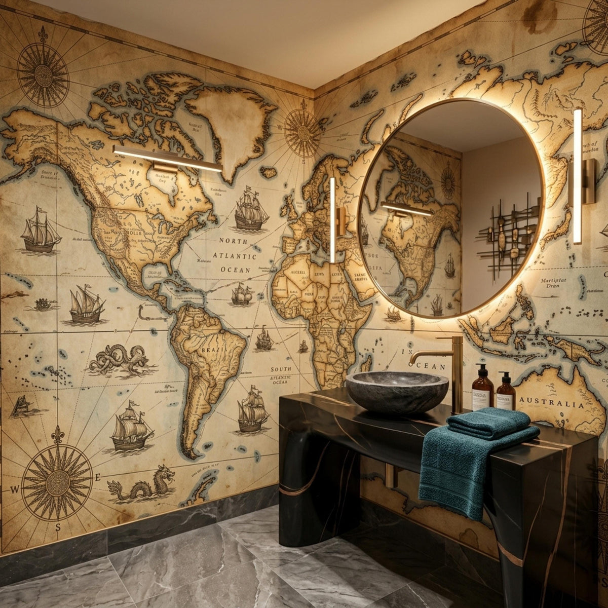 A modern dark marble vanity with a round illuminated mirror is set against a vintage world map wall.