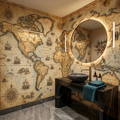 A modern dark marble vanity with a round illuminated mirror is set against a vintage world map wall.