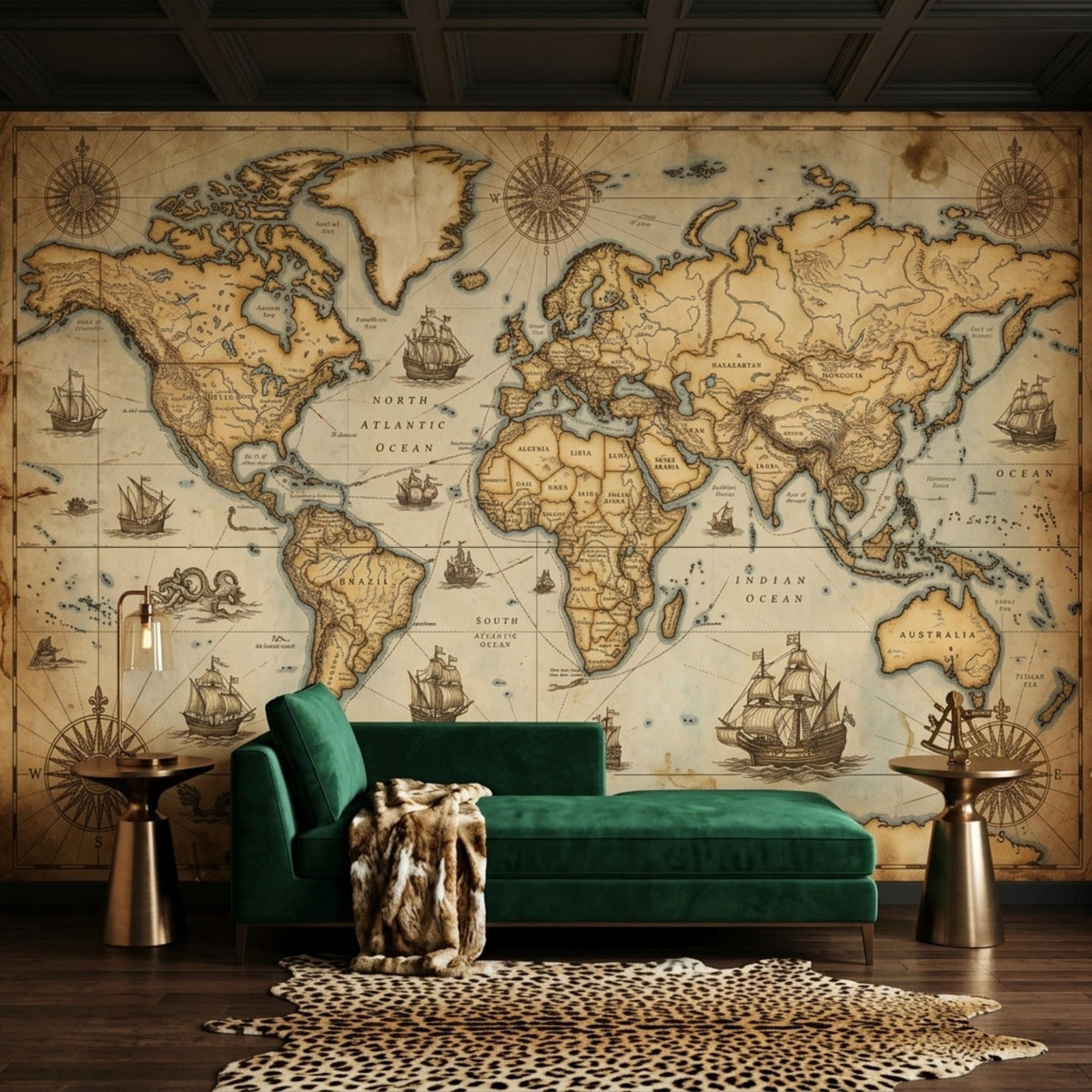 A green velvet chaise lounge and a leopard print rug sit in front of a large vintage world map mural.