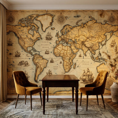 A wooden table and two mustard-yellow velvet chairs are placed before a large vintage world map mural.
