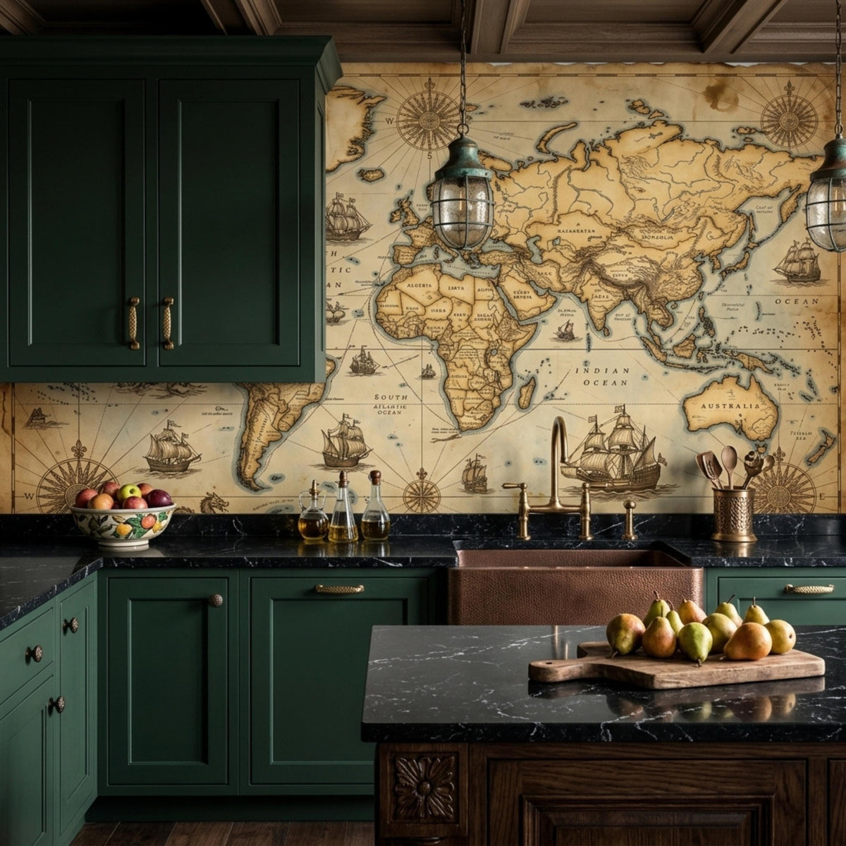 Dark green kitchen cabinets and a copper sink are set against a backdrop of a vintage world map mural.