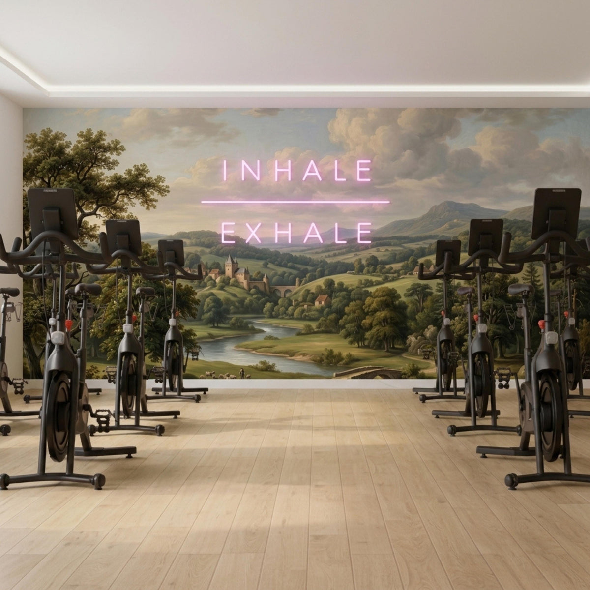 Indoor gym with a vintage landscape mural on the wall, featuring glowing pink neon text that reads inhale exhale above rows of exercise bikes.