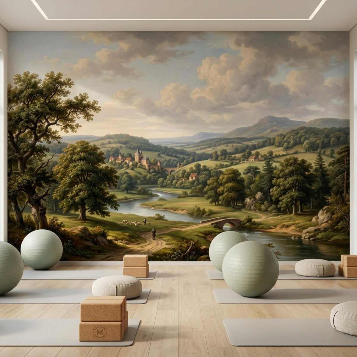 A yoga studio or meditation room with wooden floors, yoga mats, and exercise balls against a vintage landscape mural accent wall.
