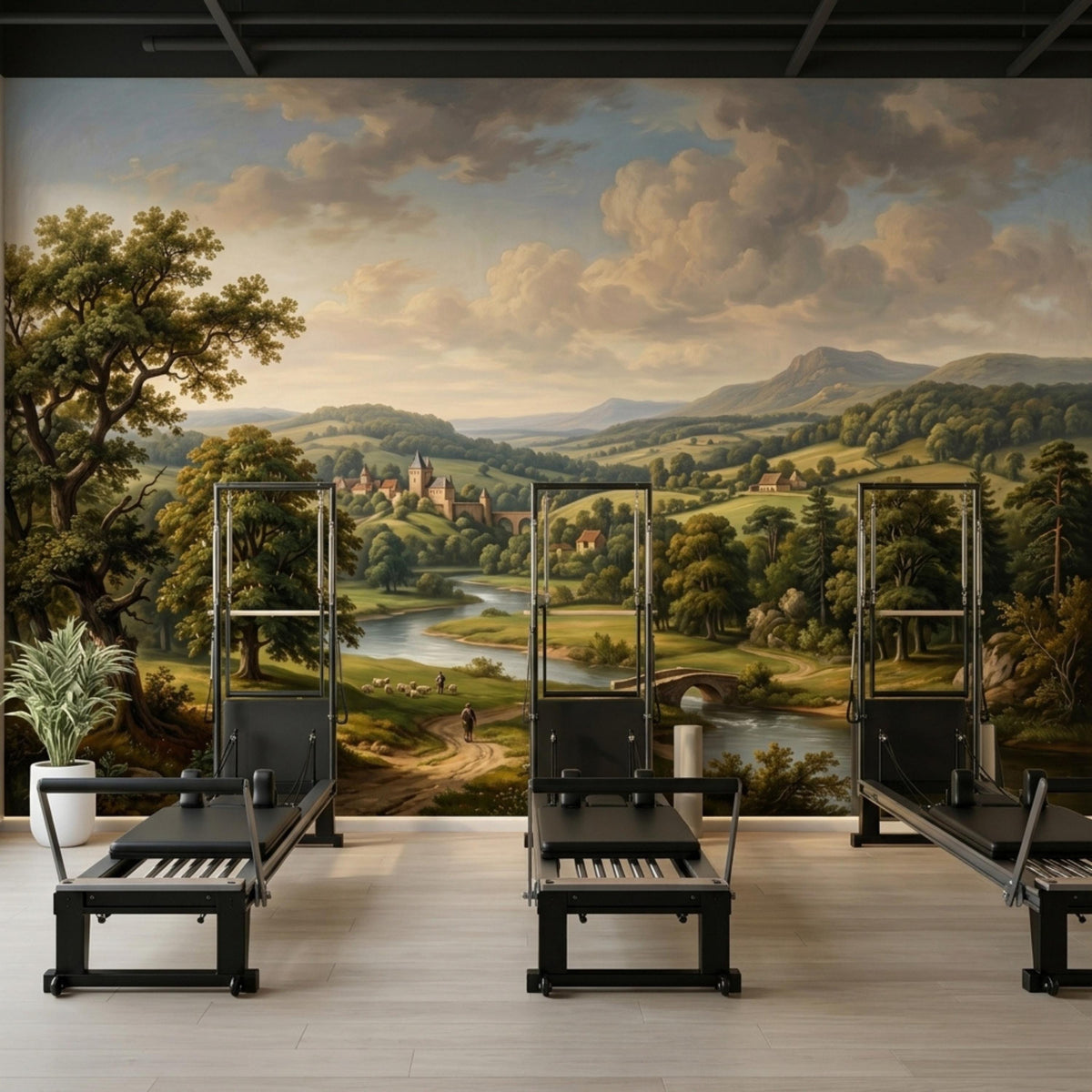 A gym or physical therapy room with three black pilates reformers positioned in front of a large vintage landscape wall mural.