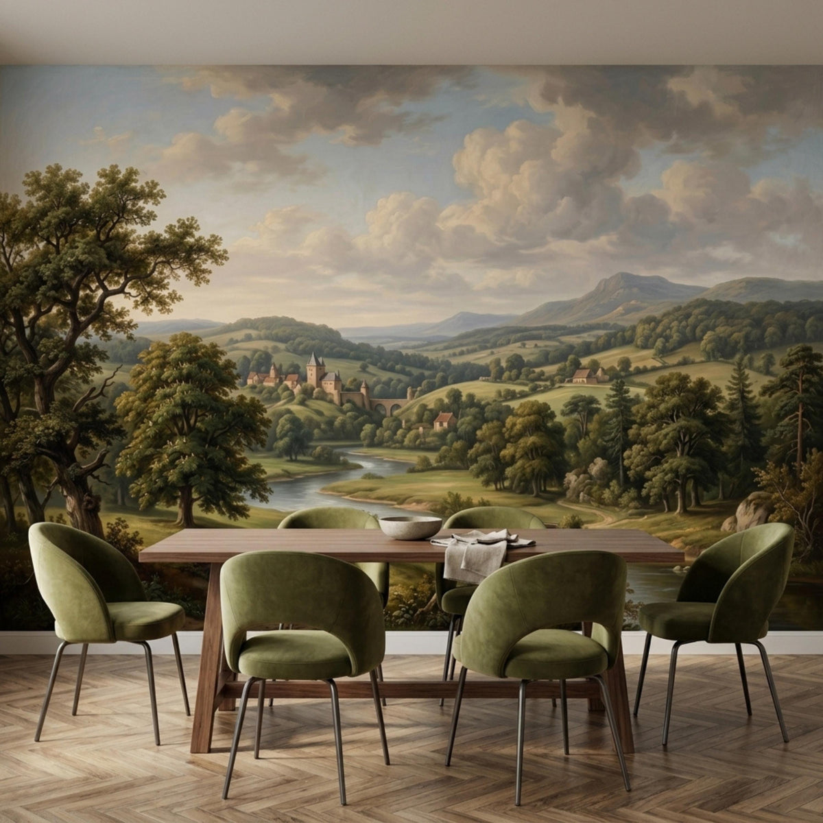 A long dining table with green velvet chairs, set against a wall featuring a large vintage countryside oil painting mural.