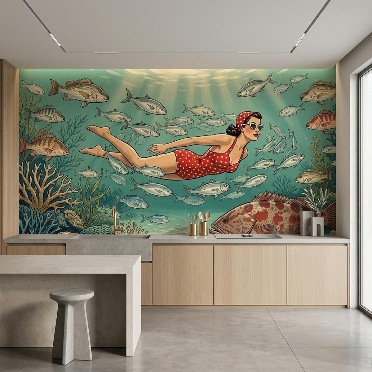 Vintage Diver Underwater Wallpaper, Mid-Century Modern Coastal Art