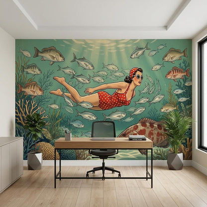 Vintage Diver Underwater Wallpaper, Mid-Century Modern Coastal Art