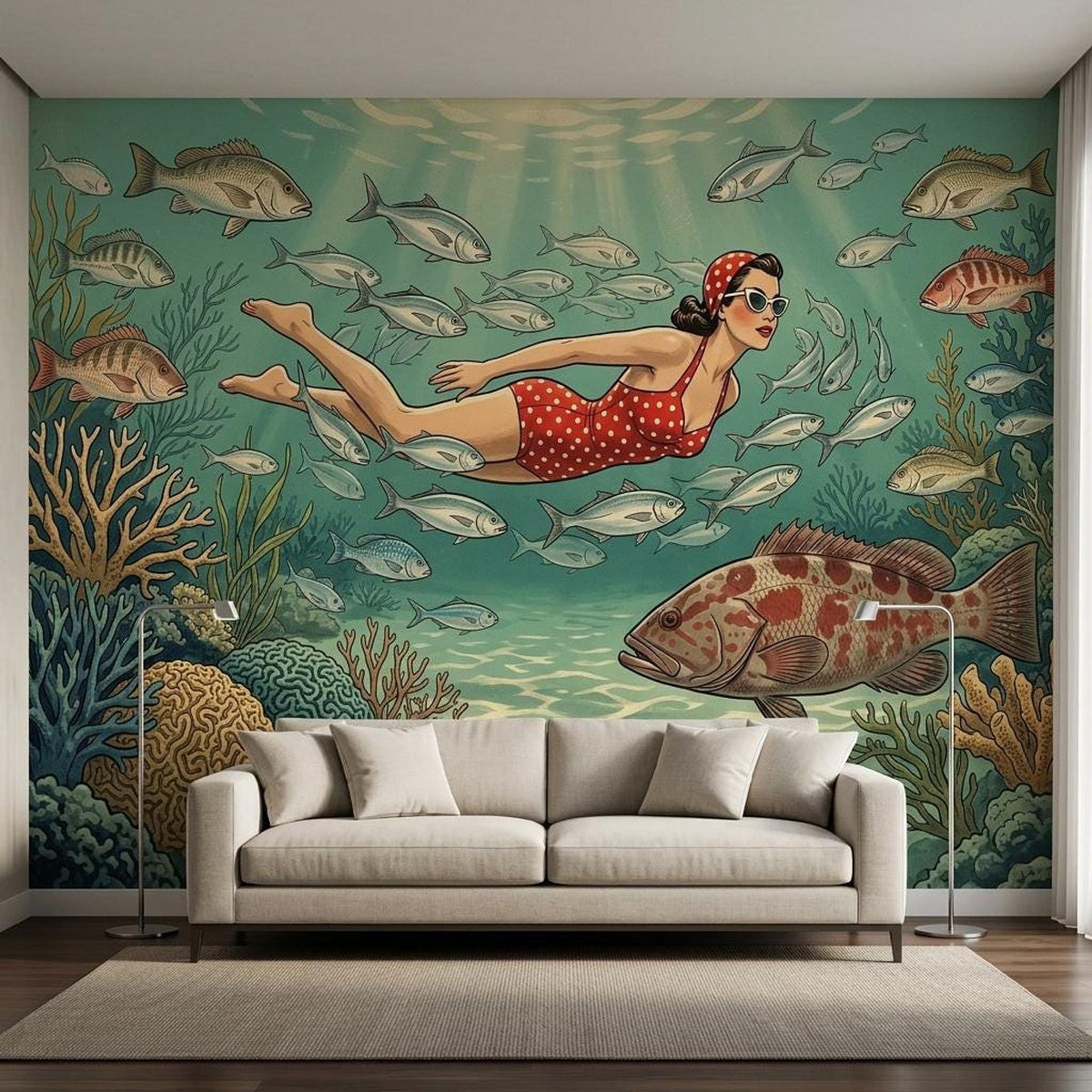 Vintage Diver Underwater Wallpaper, Mid-Century Modern Coastal Art