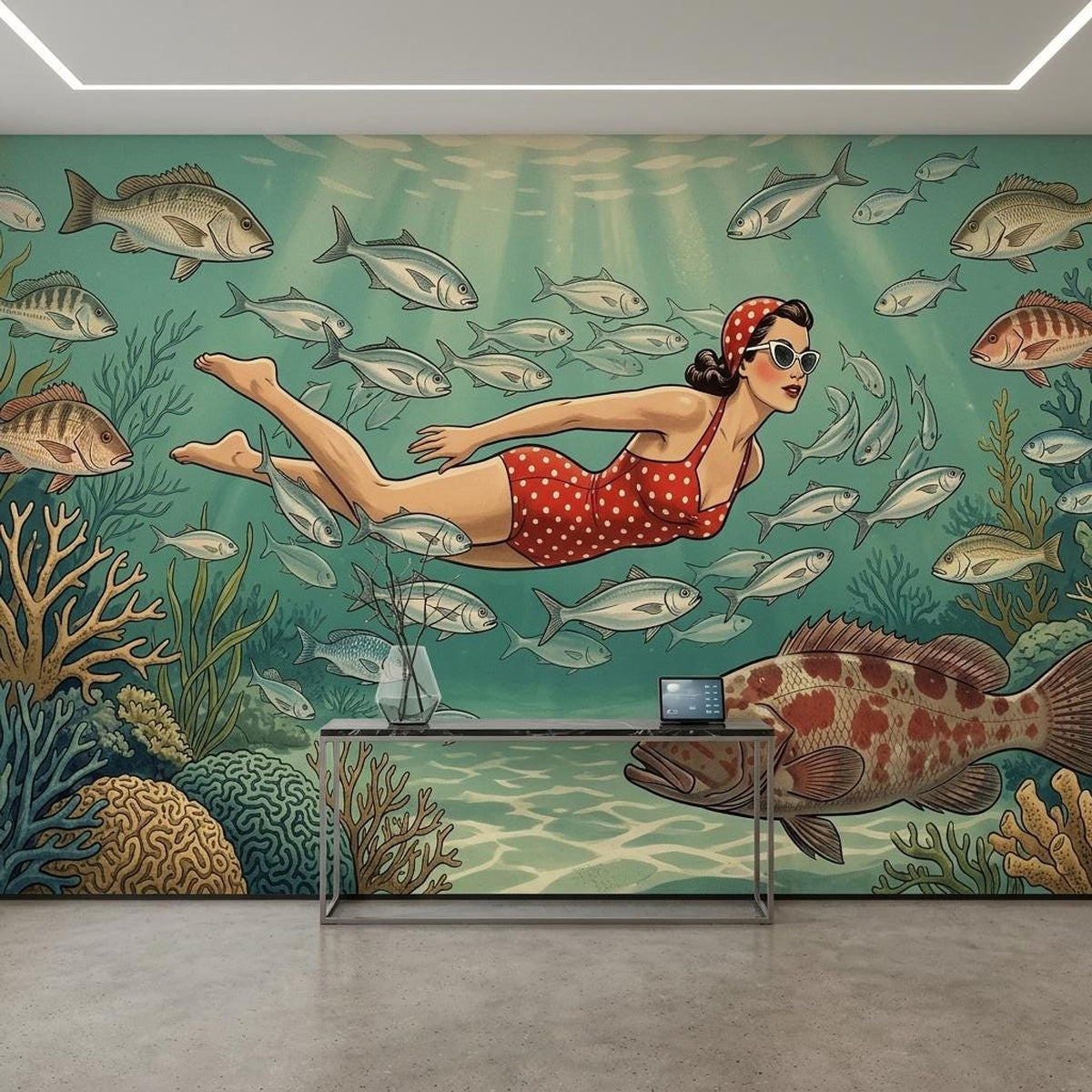 Vintage Diver Underwater Wallpaper, Mid-Century Modern Coastal Art