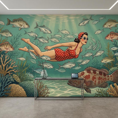 Vintage Diver Underwater Wallpaper, Mid-Century Modern Coastal Art