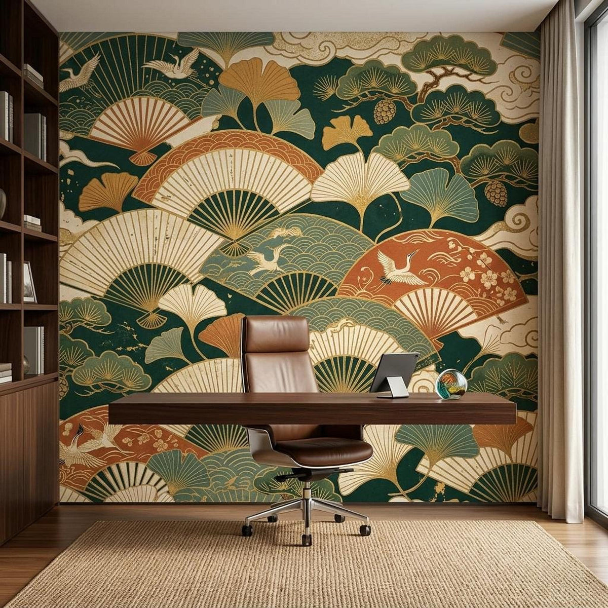 Japanese Fan Wallpaper Mural, Dark Green Crane Gingko Leaf (Custom Sizing)