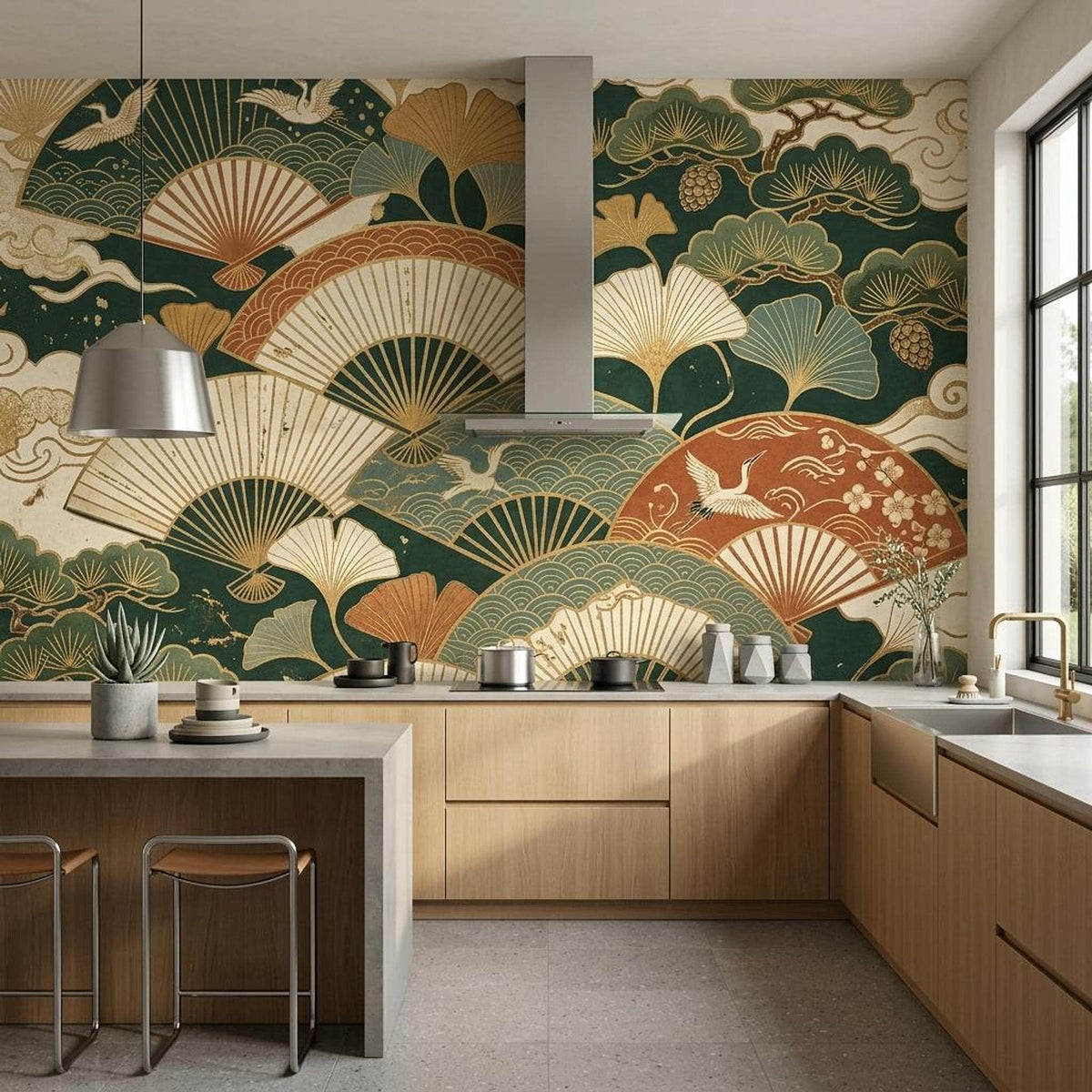 Japanese Fan Wallpaper Mural, Dark Green Crane Gingko Leaf (Custom Sizing)