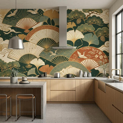 Japanese Fan Wallpaper Mural, Dark Green Crane Gingko Leaf (Custom Sizing)