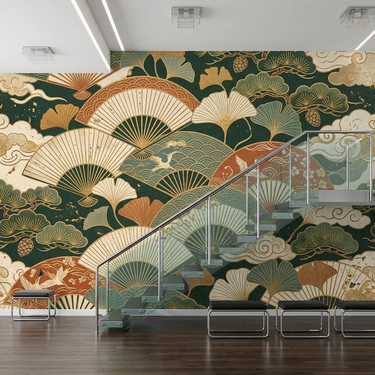 Japanese Fan Wallpaper Mural, Dark Green Crane Gingko Leaf (Custom Sizing)