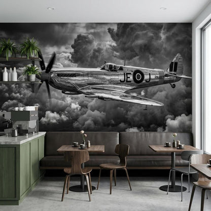Plane Wall Mural Vintage WWII Spitfire Fighter Black and White Aviation Art
