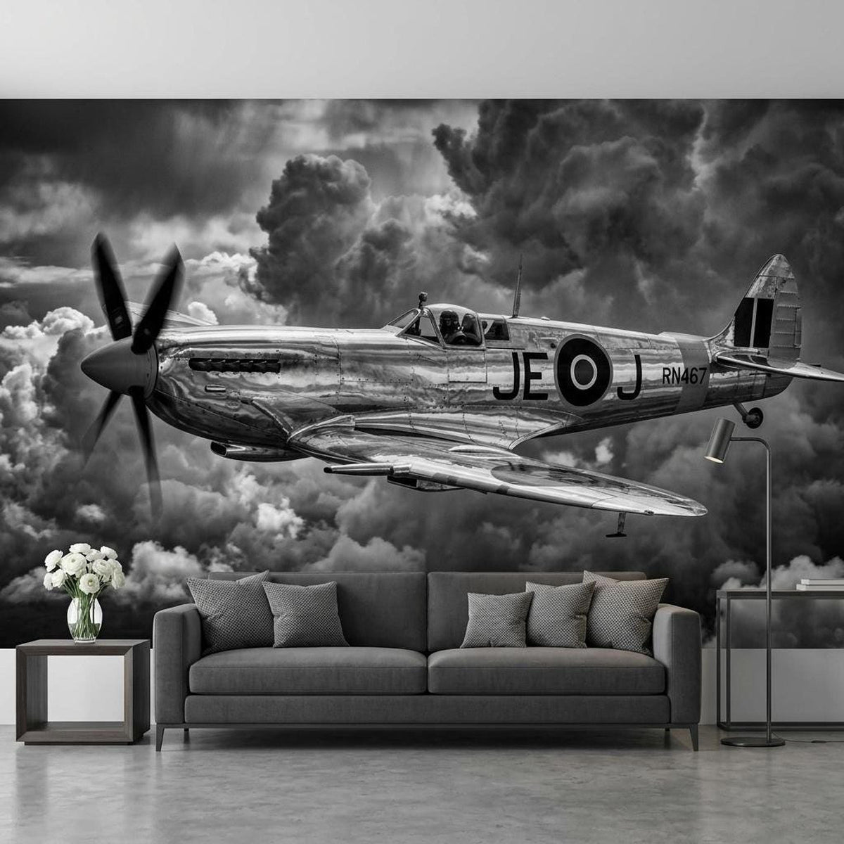 Plane Wall Mural Vintage WWII Spitfire Fighter Black and White Aviation Art