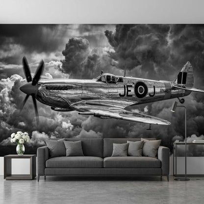 Plane Wall Mural Vintage WWII Spitfire Fighter Black and White Aviation Art