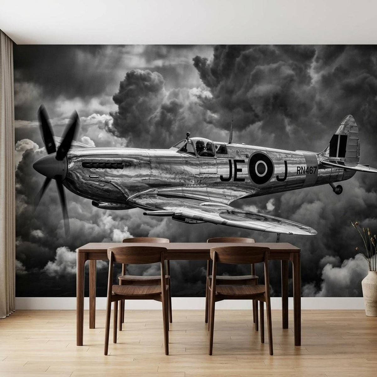 Plane Wall Mural Vintage WWII Spitfire Fighter Black and White Aviation Art