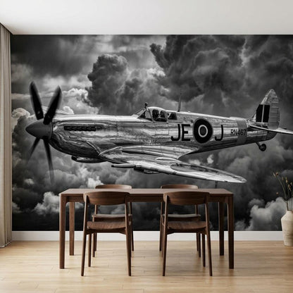 Plane Wall Mural Vintage WWII Spitfire Fighter Black and White Aviation Art